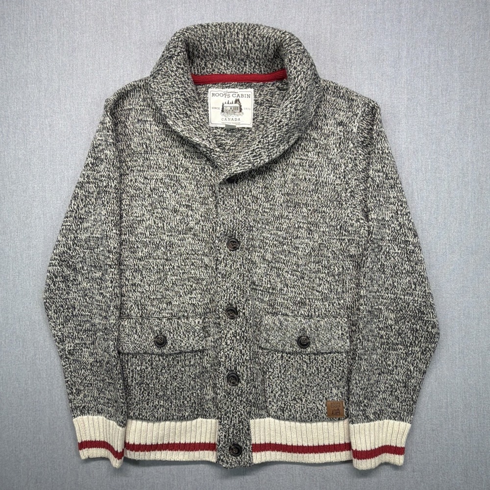 Roots Cabin Cardigan Knit Sweater Shawl Collar Mens L Canada Gray Oat